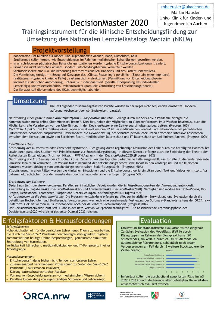 Poster Projekt Decision Master 2020 Trainingsinstrument für die klinische Entscheidungsfindung zur Umsetzung des Nationalen Lernzielkatalogs Medizin