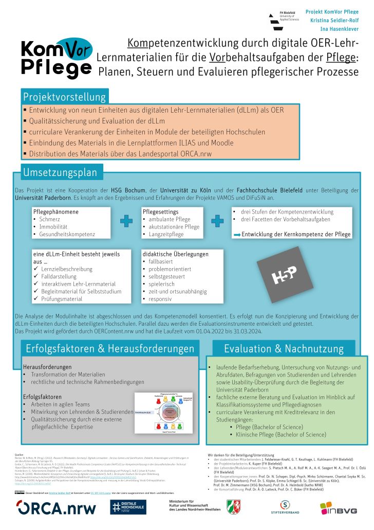 Poster Projekt KomVor Pflege - Kompetenzentwicklung durch digitale OER-Lehr-Lernmaterialien für die Vorbehaltsaufgaben der Pflege: Planen, Steuern und Evaluieren pflegerischer Prozesse